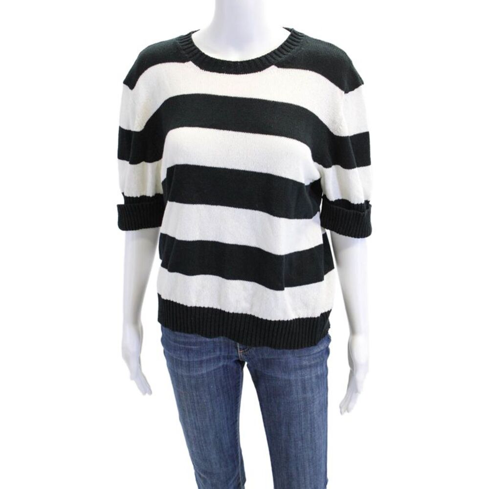 Agnes B Womens Knit Striped Round Neck Short Sleeve Pullover Top Black Size S